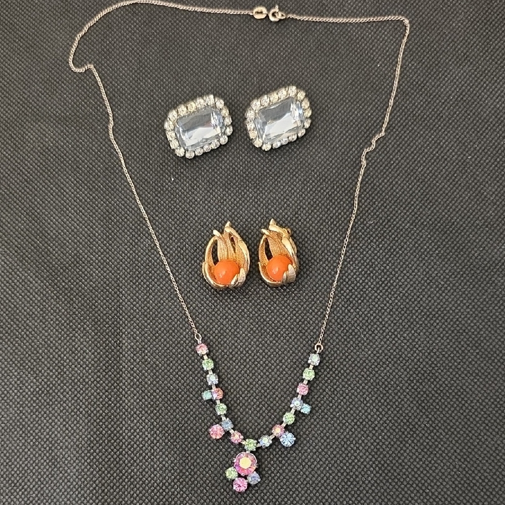 VINTAGE 925 Sterling Necklace Crystals  Coral Gold Earrings 5 Pc lot